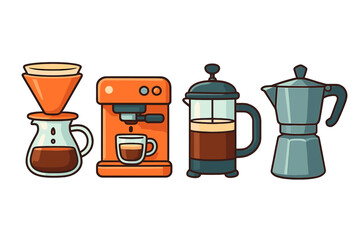 Coffee brewing methods vector set. Pour-over, espresso machine, french press, moka pot icons. Colorful cartoon illustration for cafe menu, barista guide, or coffee lover.
