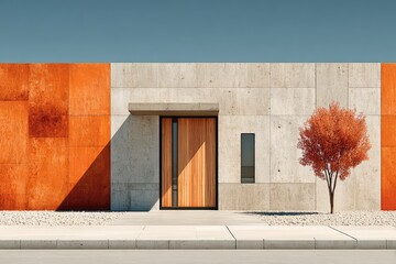 Modern concrete facade with orange accent, wooden door