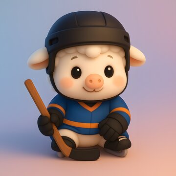 Cute Chibi Sheep in Ice Hockey Costume with Stick