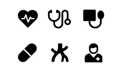 Medical icon set featuring heartbeat, stethoscope, blood pressure cuff, pill, artery, and doctor symbols