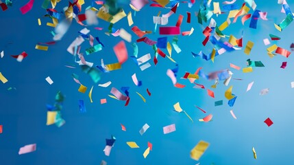 Colorful confetti falling dynamically against a solid blue background, conveying a sense of joyful celebration