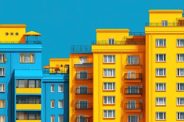 Vibrant yellow and blue apartment buildings against a vibrant blue sky