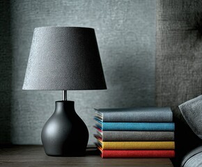 Dark gray lamp beside colorful books on wooden nightstand