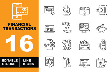 Financial Transactions line icon set. Smartphone, Shield, Shopping bag, Credit card, Bitcoin, Graph, Hand, Computer, Piggy bank, Mobile, Globe, Invoice, POS, and more. Editable stroke icons collection