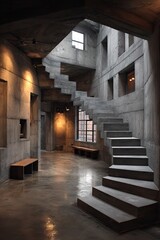 Concrete interior, light-filled, winding stair