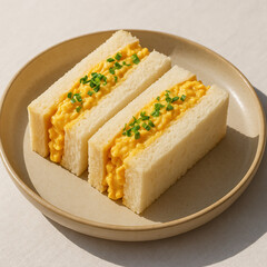 piece of cake on a plate, sandwich with egg