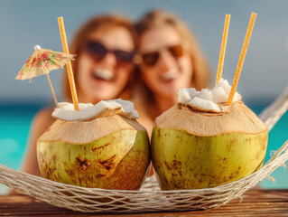 A blissful couple enjoys fresh coconut drinks, relaxing on a hammock under palm trees with serene tropical views