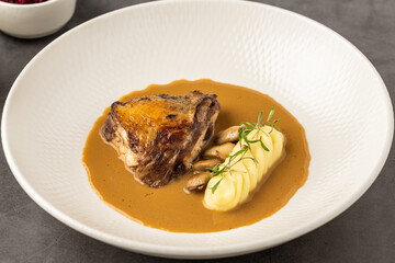 Roasted meat with mashed potatoes and brown sauce on plate