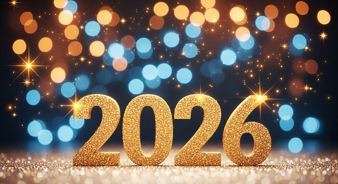 Glamorous New Year 2026 Celebration with Golden Glitter Numbers, Sparkling Surface and Bokeh Lights"