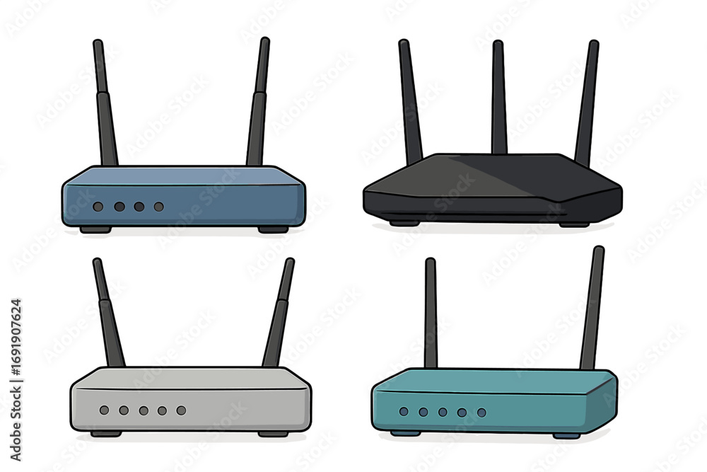Poster set of wireless routers. wifi connection technology. internet network equipment collection. various 