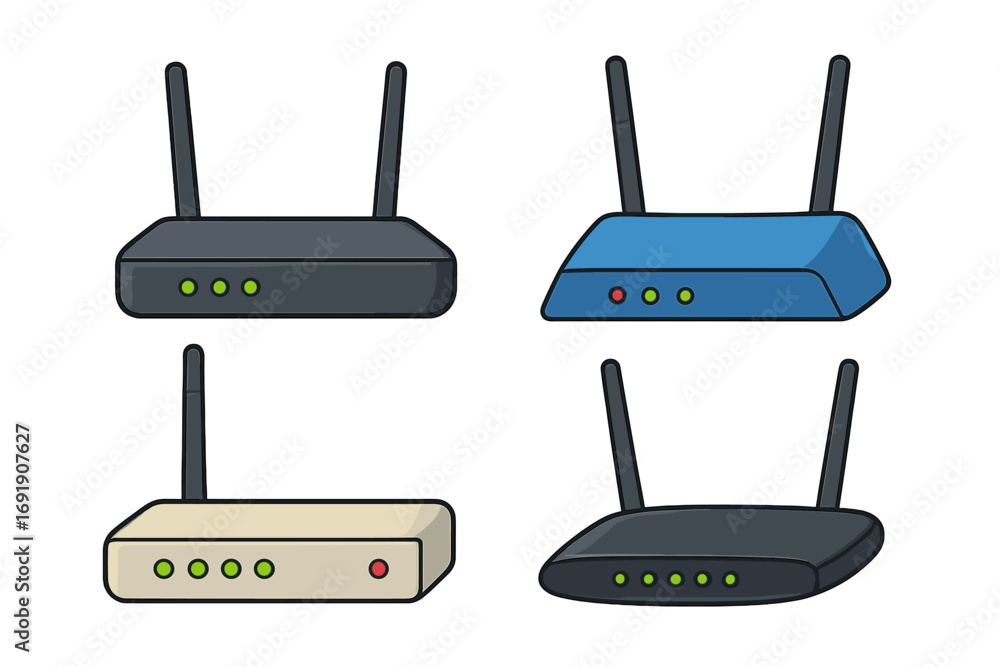 Poster set of cartoon wireless routers. wi-fi modem and internet network equipment. broadband technology fo