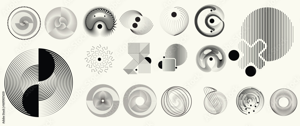 Poster collection of vector design elements. set of logos with lines, spirals and circles. various forms of