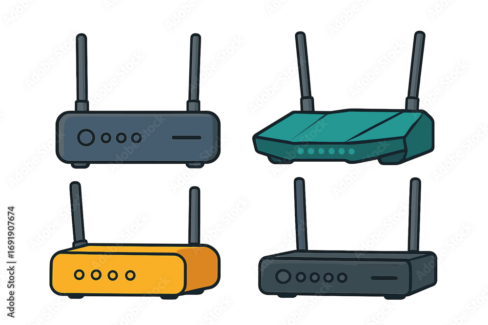 Poster wireless router modem vector set. wifi network internet equipment collection. flat cartoon illustrat