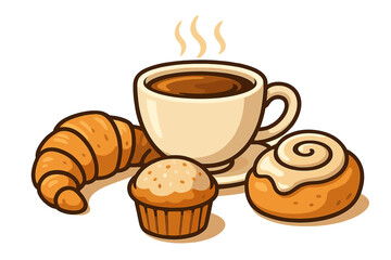 Warm coffee with fresh pastries illustration. Cozy cafe breakfast concept with croissant, muffin, cinnamon roll. Vector cartoon icon set for bakery or coffee shop menu design.