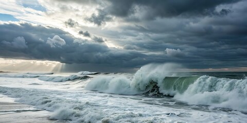 Fototapeta premium Dramatic storm clouds gather over a turbulent ocean with powerful waves crashing on the shore, dramatic lighting.