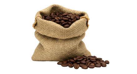 Burlap Sack Overflowing with Fresh Roasted Coffee Beans on a Brown Surface