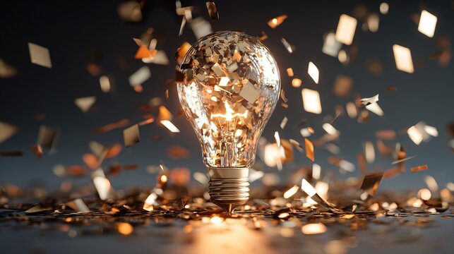 Lightbulb surrounded by floating geometric shapes, symbolizing innovation against dark backdrop