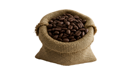 Burlap Sack Overflowing with Roasted Coffee Beans on Brown Background