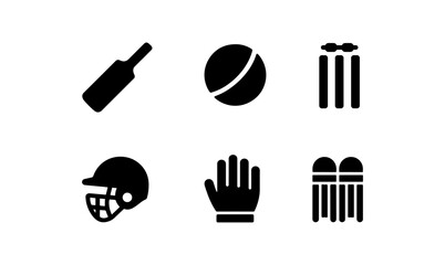 Minimalist cricket equipment icons: bat, ball, wicket, helmet, glove, bails
