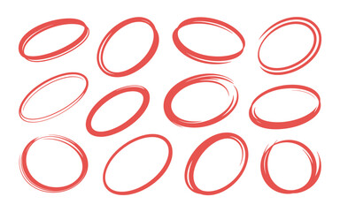Hand drawn red circle markers set for emphasis and highlighting important information and correction in presentation and document