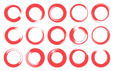 Collection of Red Brush Stroke Circles for Creative Design Elements and Artistic Applications with Various Textured Shapes