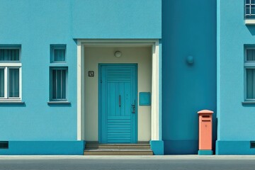 Teal-blue facade, single door, steps, mailbox