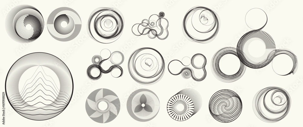 Poster collection of vector design elements. set of logos with lines, spirals and circles. various forms of