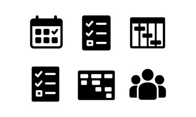 Minimalist icon set: calendar, task list, and team collaboration symbols