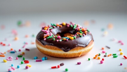 Flat Lay Chocolate Donut with Sprinkles on White