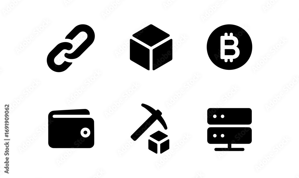 Poster cryptocurrency and blockchain icons in bold monochrome style for digital assets and mining