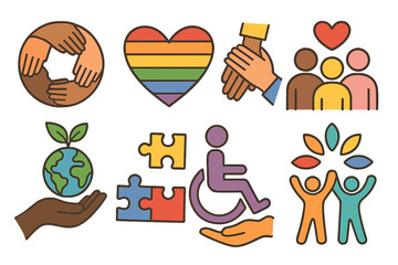 Diversity and inclusion icons set. Community support, equality, and teamwork symbols. Multicultural society, pride, and disability rights. Vector cartoon illustration.