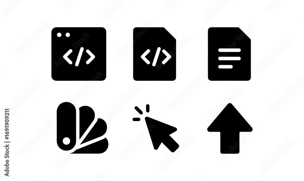 Aufkleber minimalist code and tech icons set: monochrome web design elements