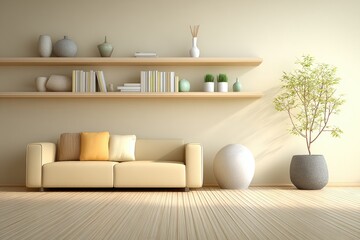 Beige living room with wooden shelves and a sofa