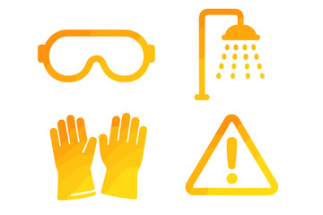 Workplace safety icons. Personal protective equipment PPE vector set. Goggles, gloves, emergency shower, warning sign. Industrial hazard and laboratory safety symbols.