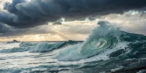 Dramatic ocean waves crash under a stormy sky with sunbeams breaking through the clouds, creating a powerful natural scene.