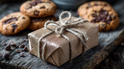 Wrapped Gift with Chocolate Chip Cookies on Rustic Wooden Table