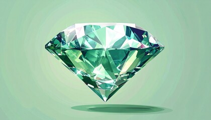 A flawlessly cut green diamond gemstone rendered in 3D, shimmering and floating against a solid green background, representing luxury and value