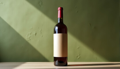 Dark wine bottle with blank paper label standing on wooden surface against green textured wall. Sunlight casts sharp diagonal shadows. mockup for branding.
