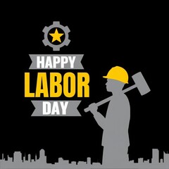 A business concept illustration shows an industrial worker with a helmet holding a 3D construction sign banner for labor day