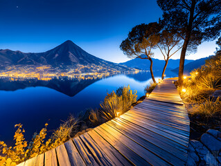 Beautiful nighttime view of a wooden boardwalk leading to the tranquil shores of Lake Atitlán, Guatemala, under a starry sky