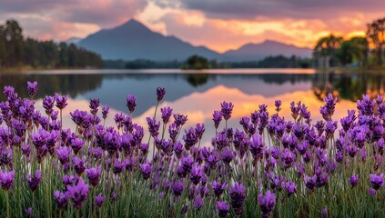 Naklejka premium Purple Flowers at Lake Sunset