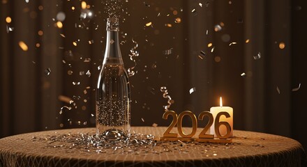 Celebrate New Year 2026 with champagne, confetti, and a warm candle, perfect for holiday greetings and festive events
