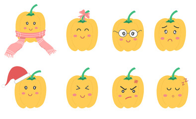 Cute Kawaii vegetables Bell Pepper Cartoon Illustration Set, pastel color, smiling face character