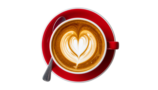 latte art heart on red coffee mug, top view, isolated on transparent background