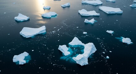 Icebergs floating serenely in the Arctic ocean waters with stunning blue hues, capturing the beauty of nature and climate change.