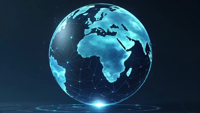 Digital glowing earth globe with interconnected lines and nodes representing global network and data connections on a dark background
