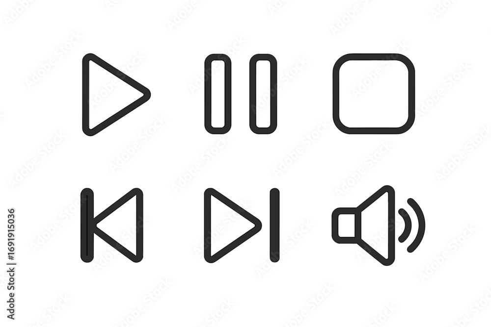Poster media player control buttons icon set. minimalist line art vector for web and app design. play, paus
