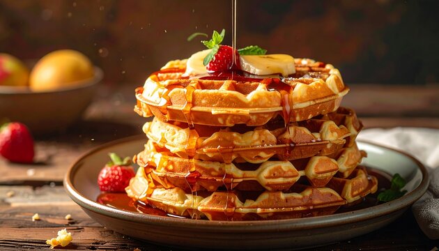 Stack of waffles drizzled with syrup