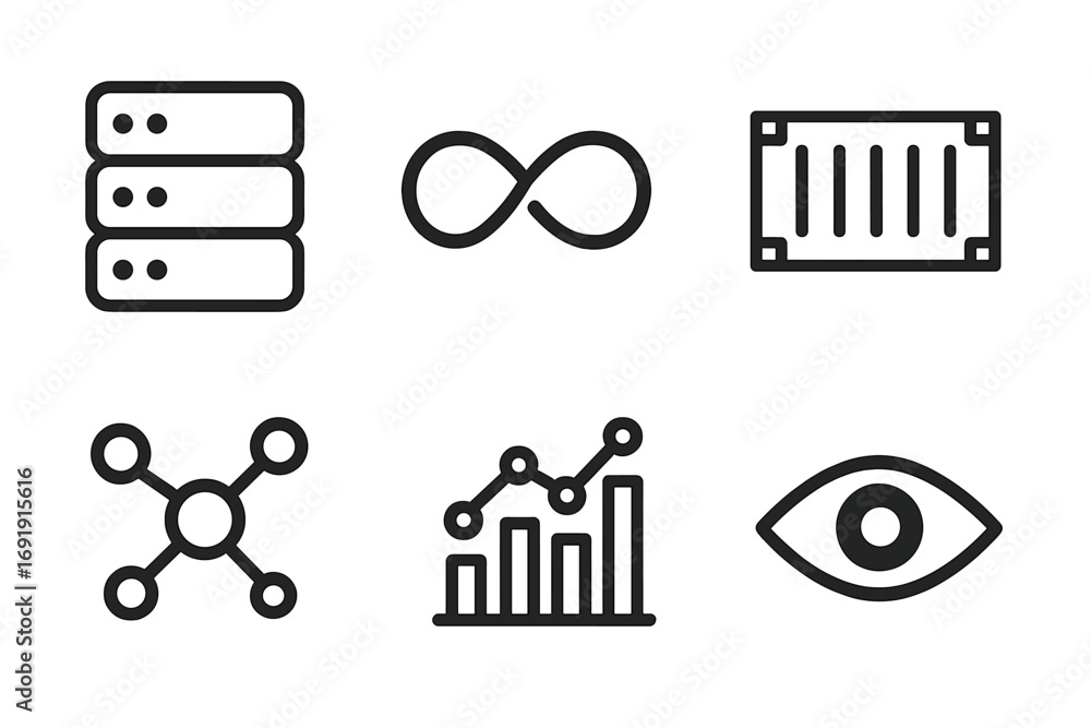 Aufkleber set of minimalist technology line icons. server, database, infinity loop for devops, software contai