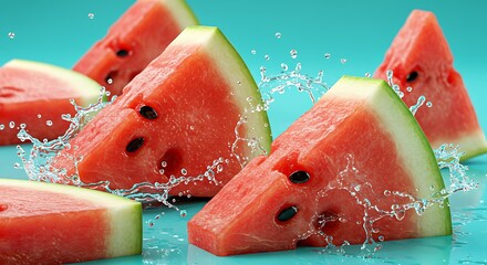 Slices of watermelon with water splashes on a blue background